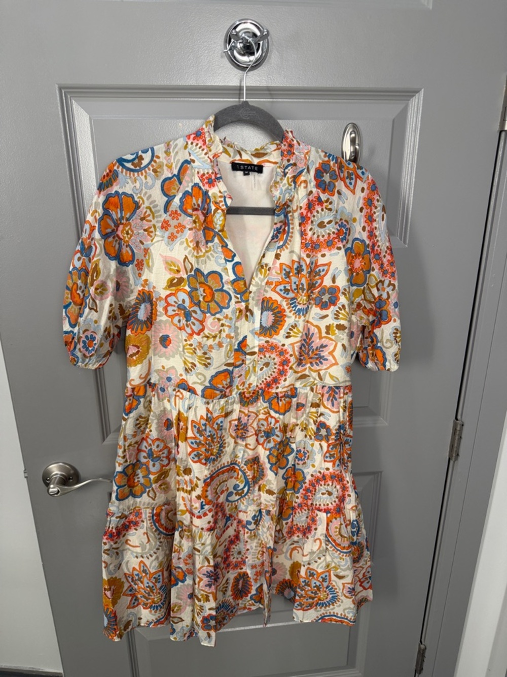 STATE White Floral Tiered Mini Dress with Orange & Blue Accents